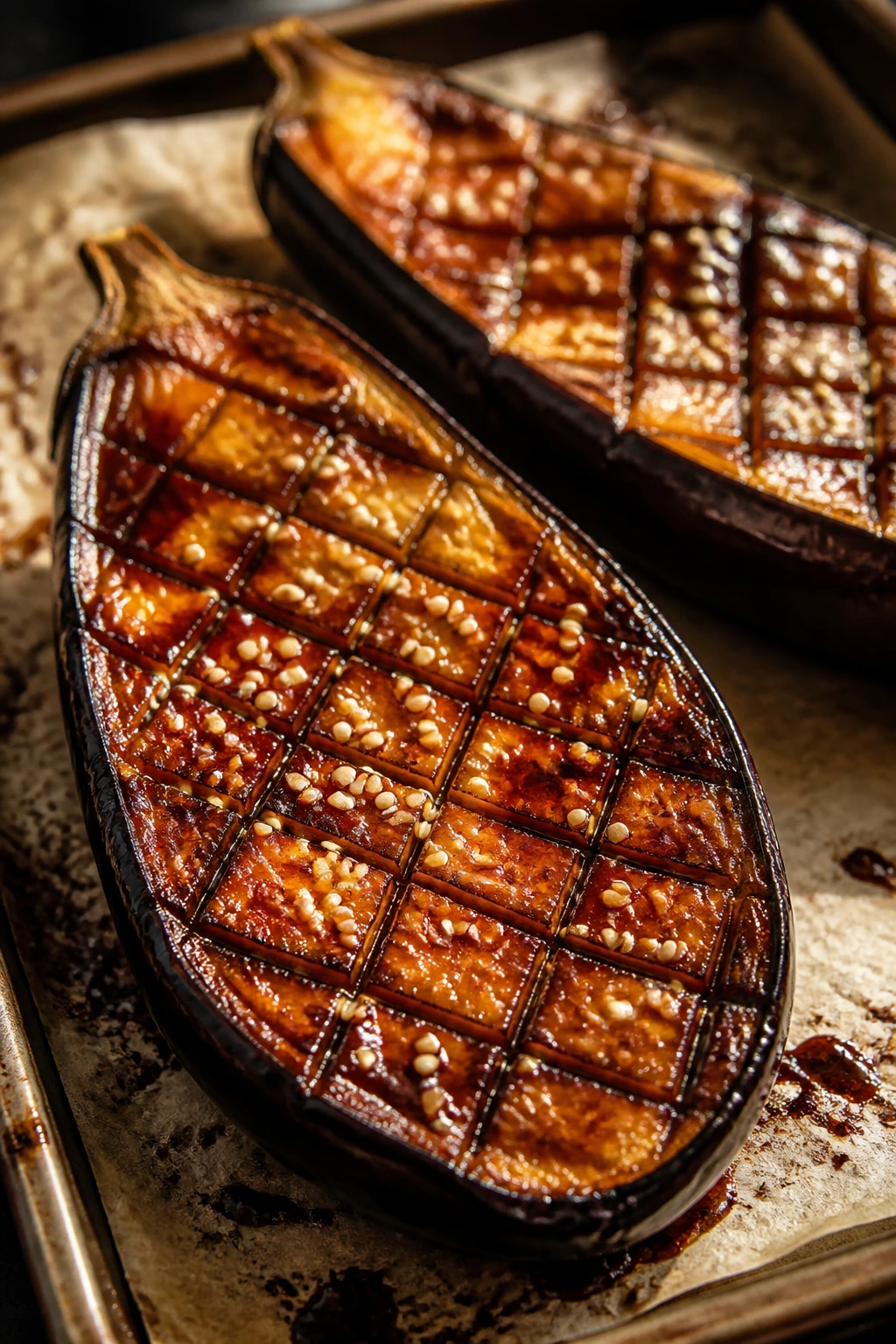 Close-up of miso BBQ glazed eggplant halves on parchment