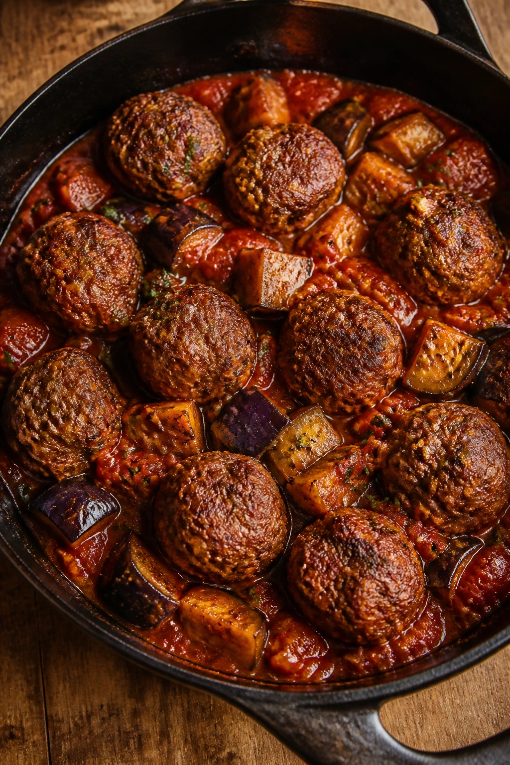 Close-up of eggplant-tomato braised meatballs in a rustic skillet