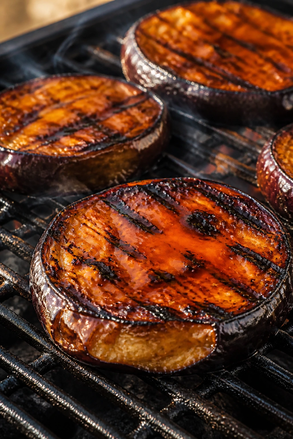 Eggplant steaks on the grill with glossy miso glaze and char marks.