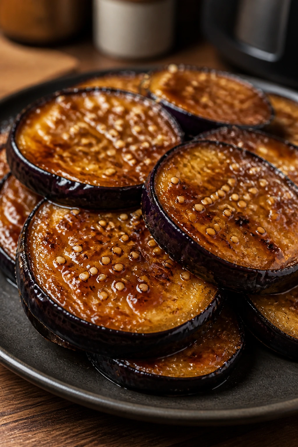 Close-up of glossy miso-glazed eggplant slices with sesame seeds
