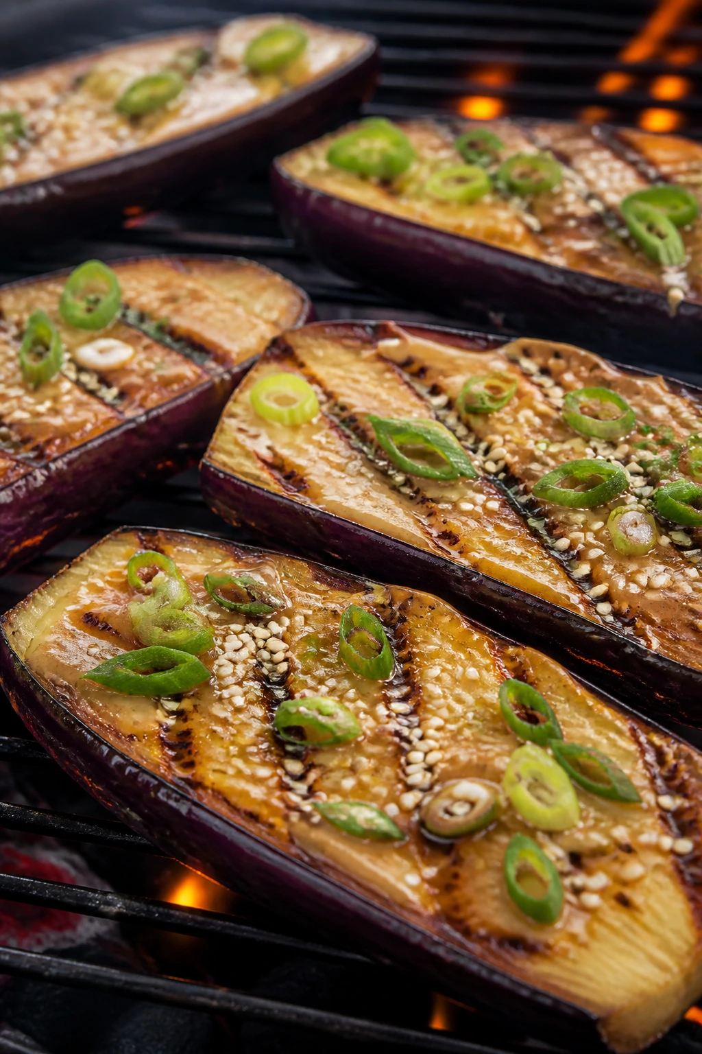 Close-up of miso-glazed eggplant with sesame scallions