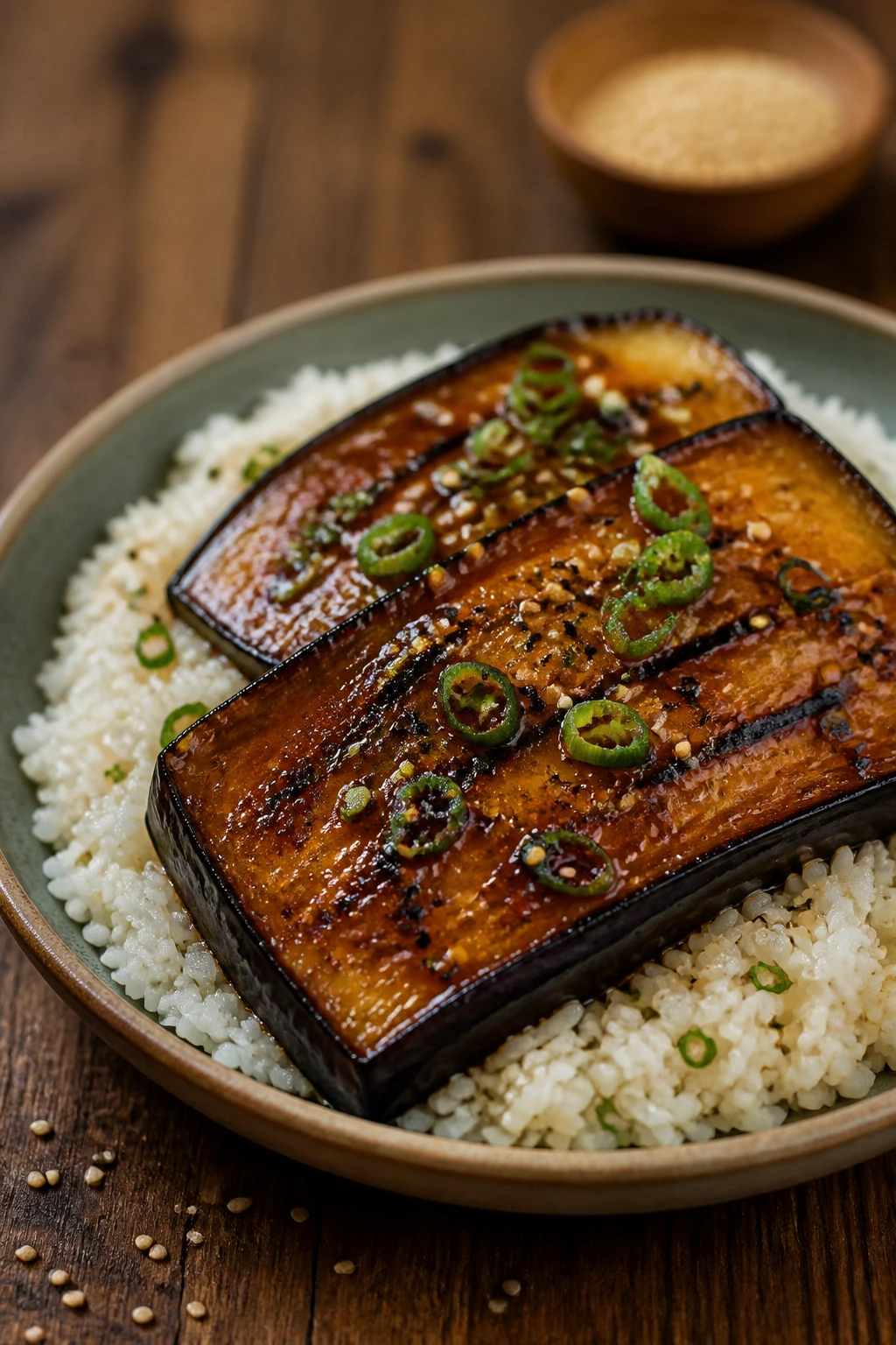 Close-up of miso-glazed eggplant steaks over sesame rice