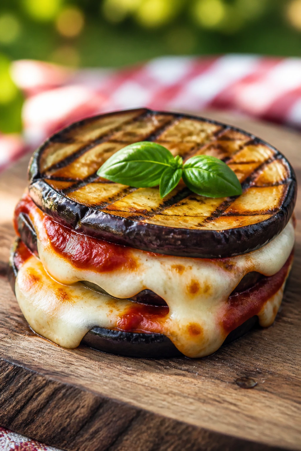 Eggplant parmesan melt sandwich with melted mozzarella outdoors