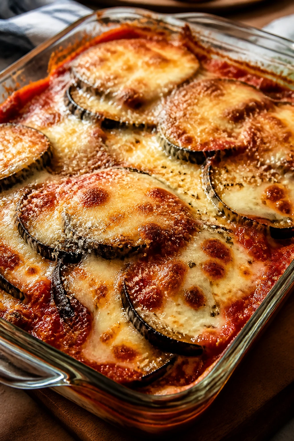 Close-up of eggplant parmesan bake with bubbling cheese in a glass dish.