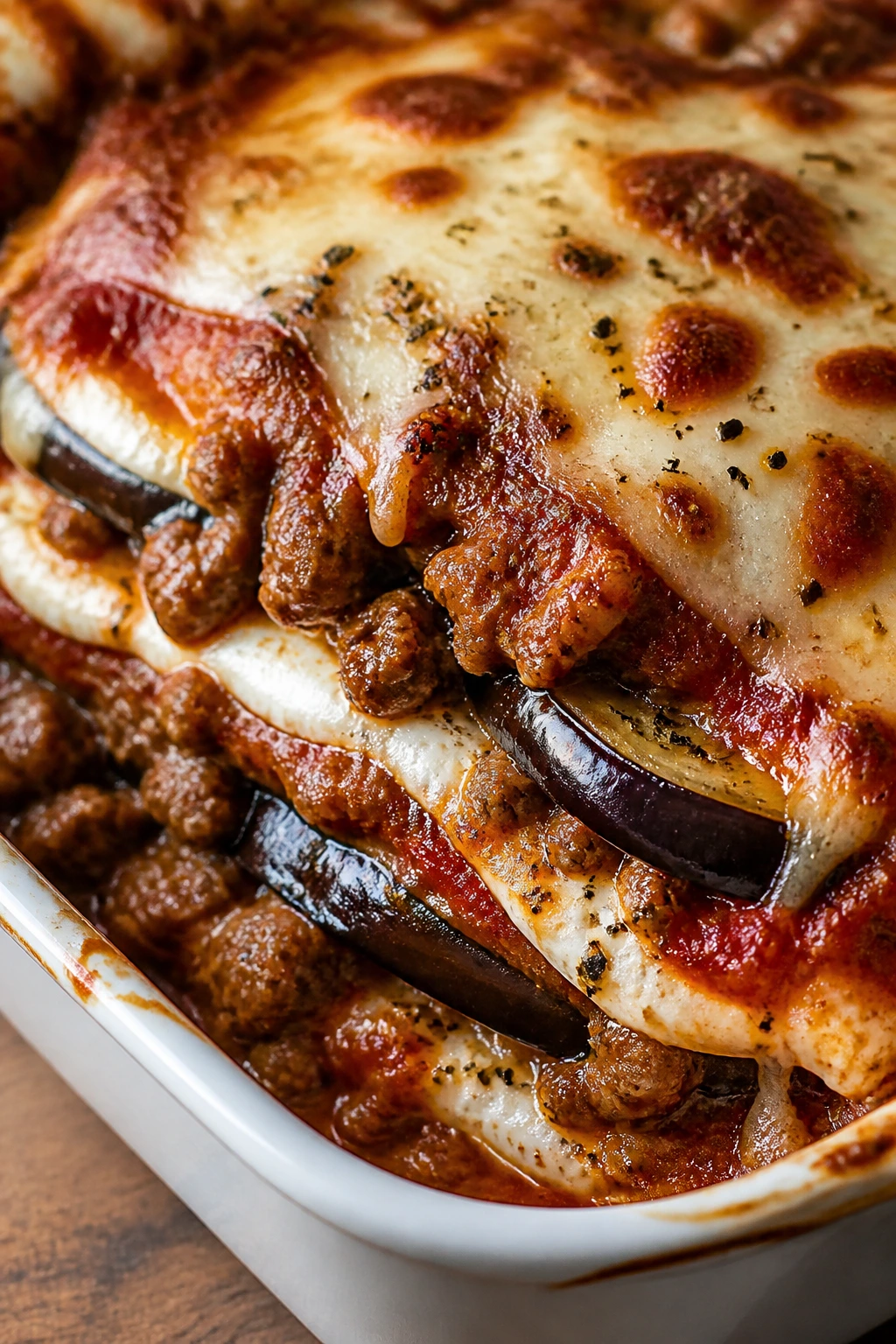Close-up of eggplant parmesan bake with beef and sausage bubbling in a baking dish