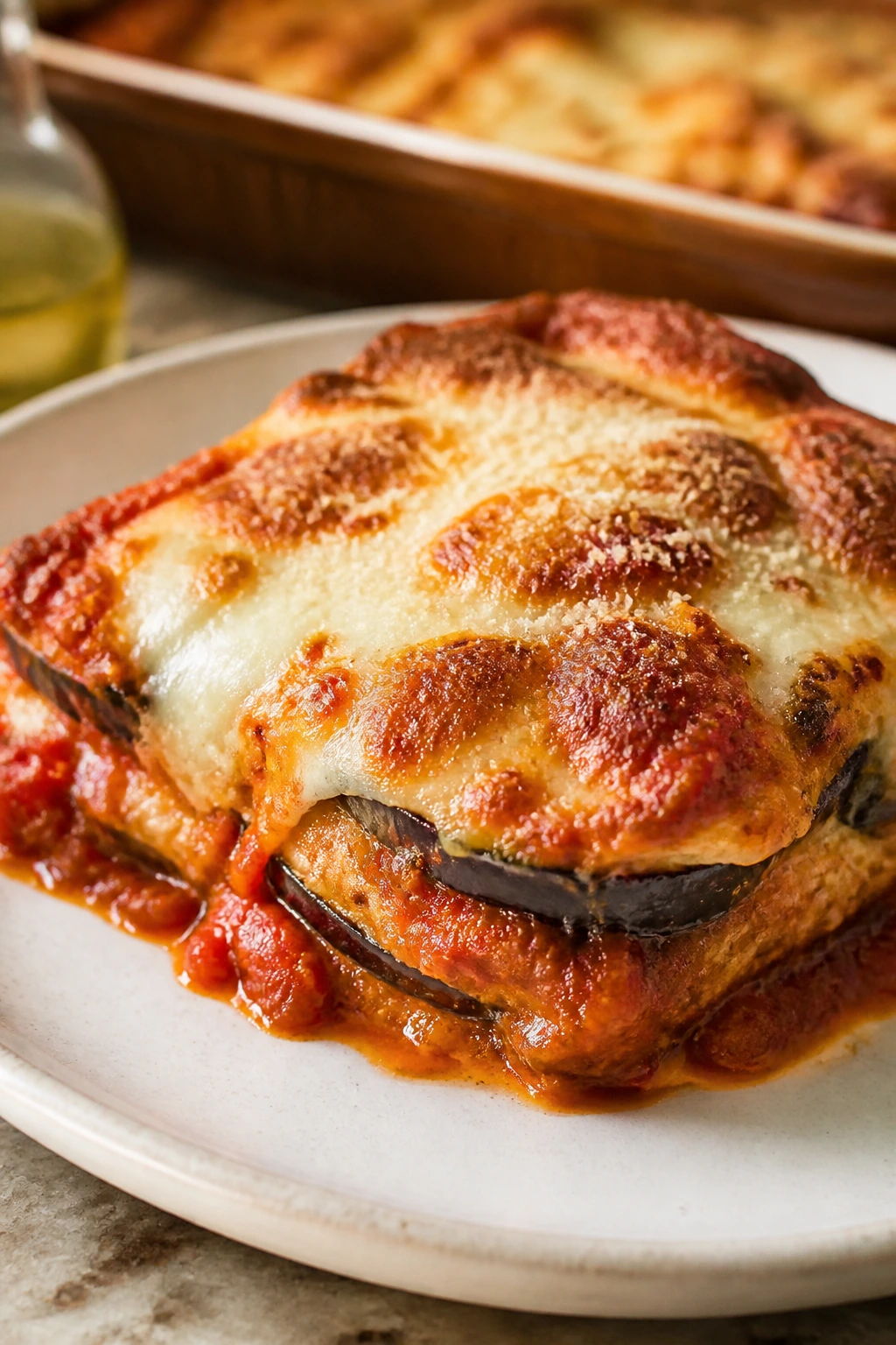 Slice of eggplant parmesan on a plate