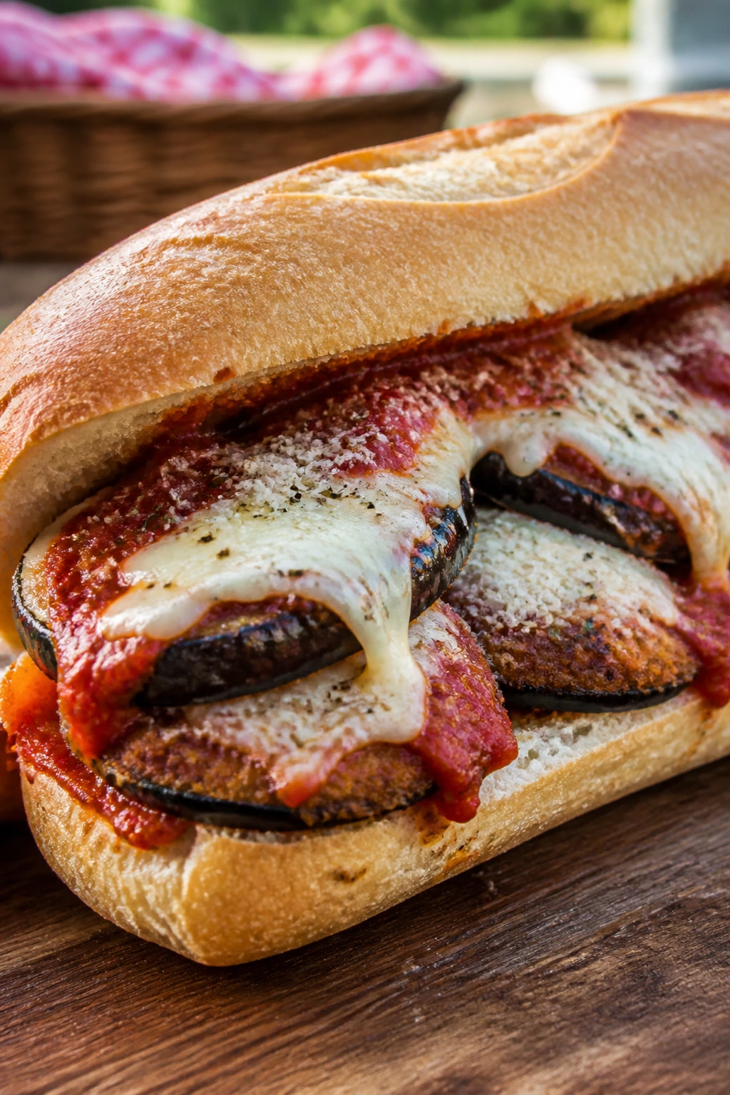 Close-up of eggplant parmesan hoagie on a wooden table