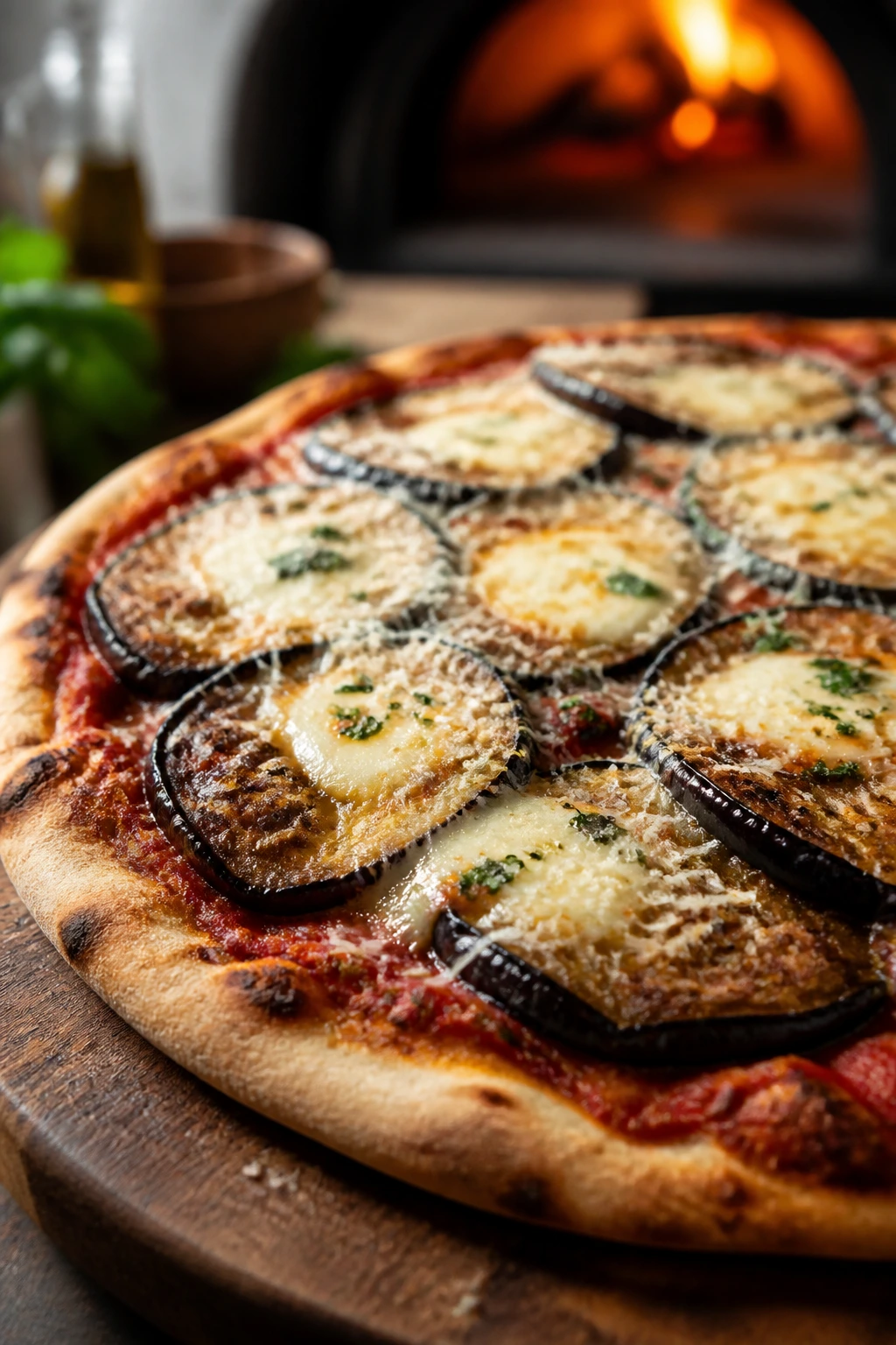 Close-up of eggplant parmesan pizza on wooden board
