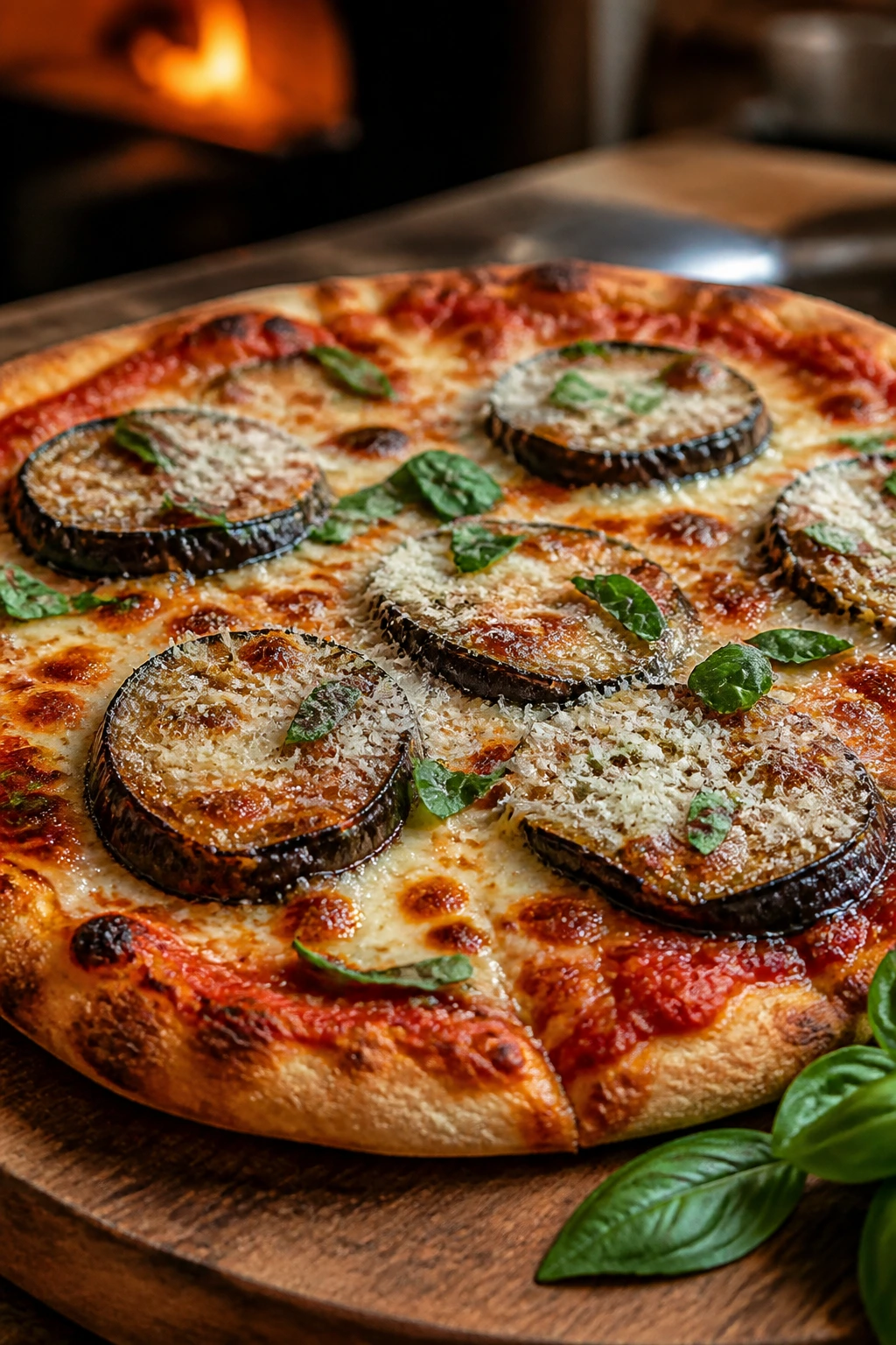 Close-up of eggplant parmesan pizza on wooden board with basil