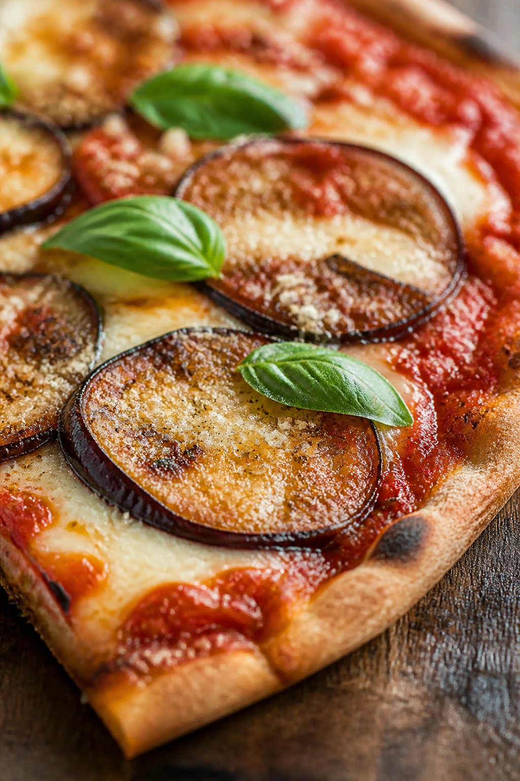 Close-up of eggplant parmesan pizza wedge with browned eggplant, marinara, and melted cheese on a rustic wooden table