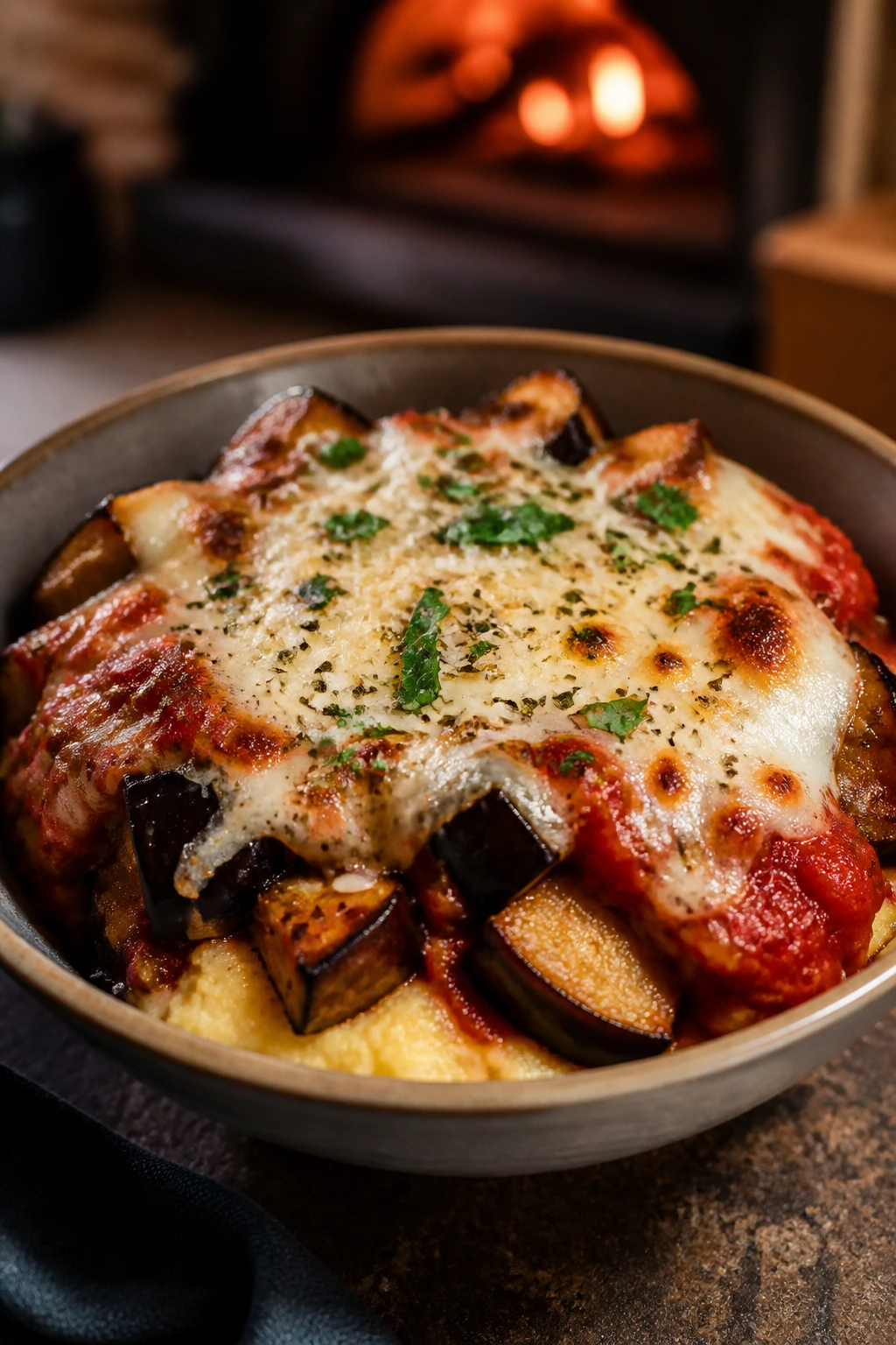 Close-up of Eggplant Parmesan Pizza Bowl with eggplant and cheese