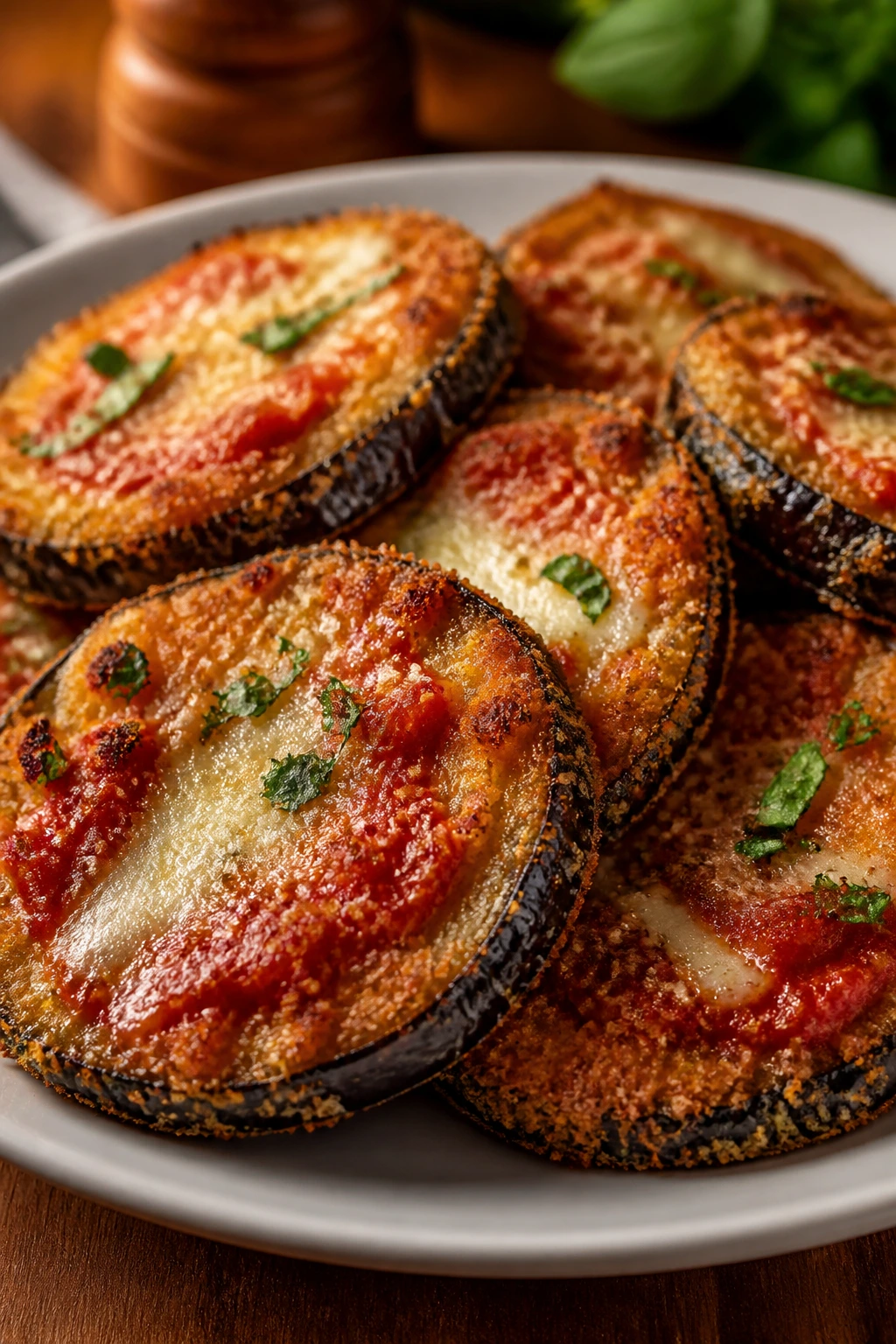 Close-up of crispy eggplant rounds with marinara and mozzarella on a plate