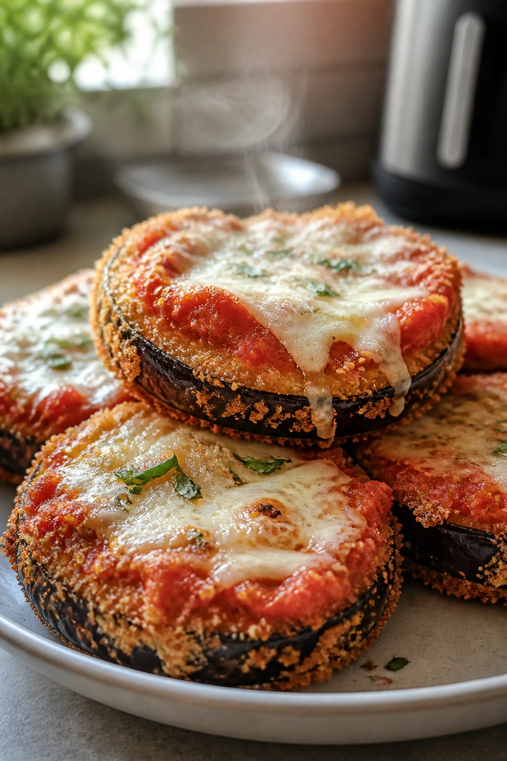 Breaded eggplant rounds with marinara and vegan cheese on plate.