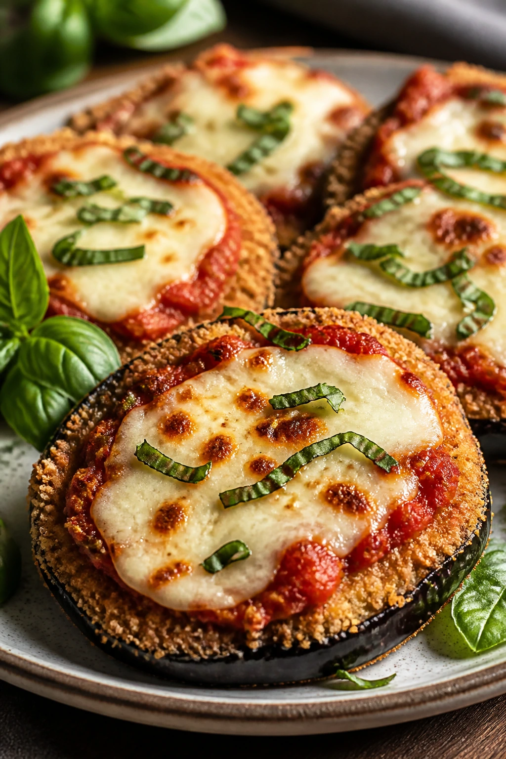 Close-up of eggplant parmesan rounds with marinara and mozzarella on a plate