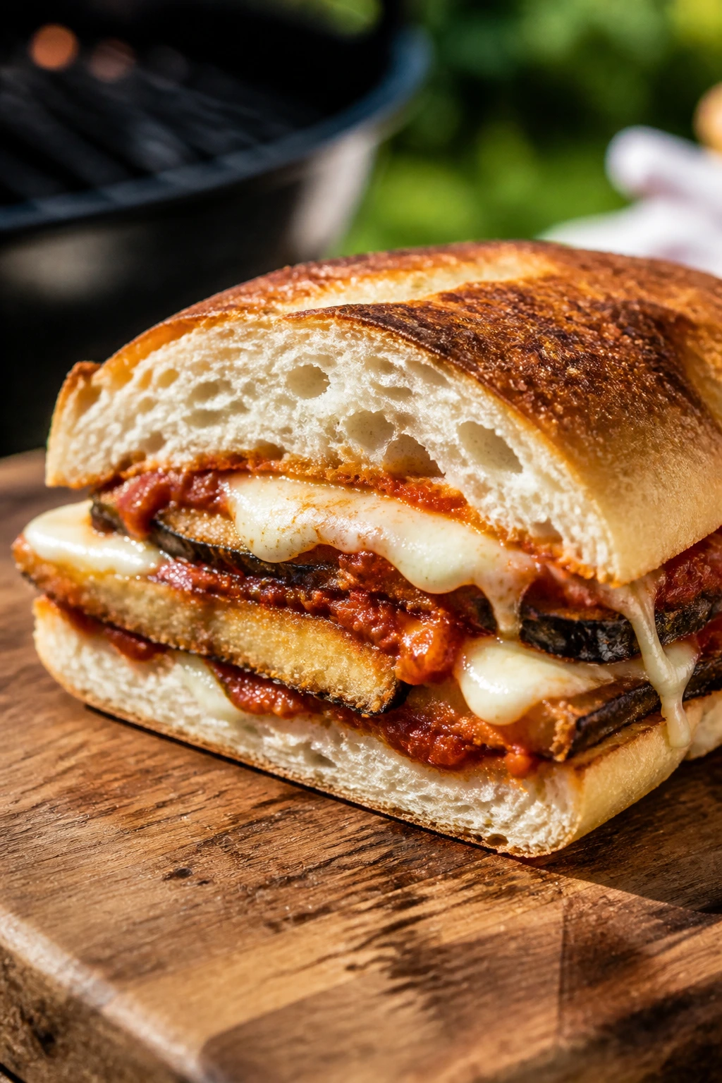 Cross-section Eggplant Parmesan sandwich showing eggplant and melted cheese