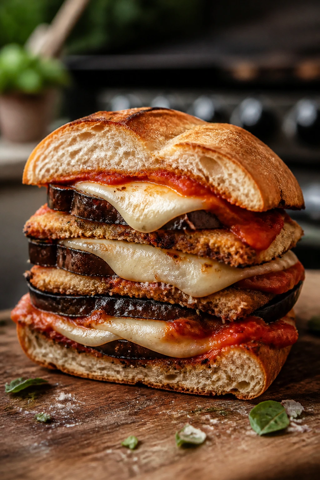 Close-up cross-section of an Eggplant Parmesan Stack sandwich with melted cheese