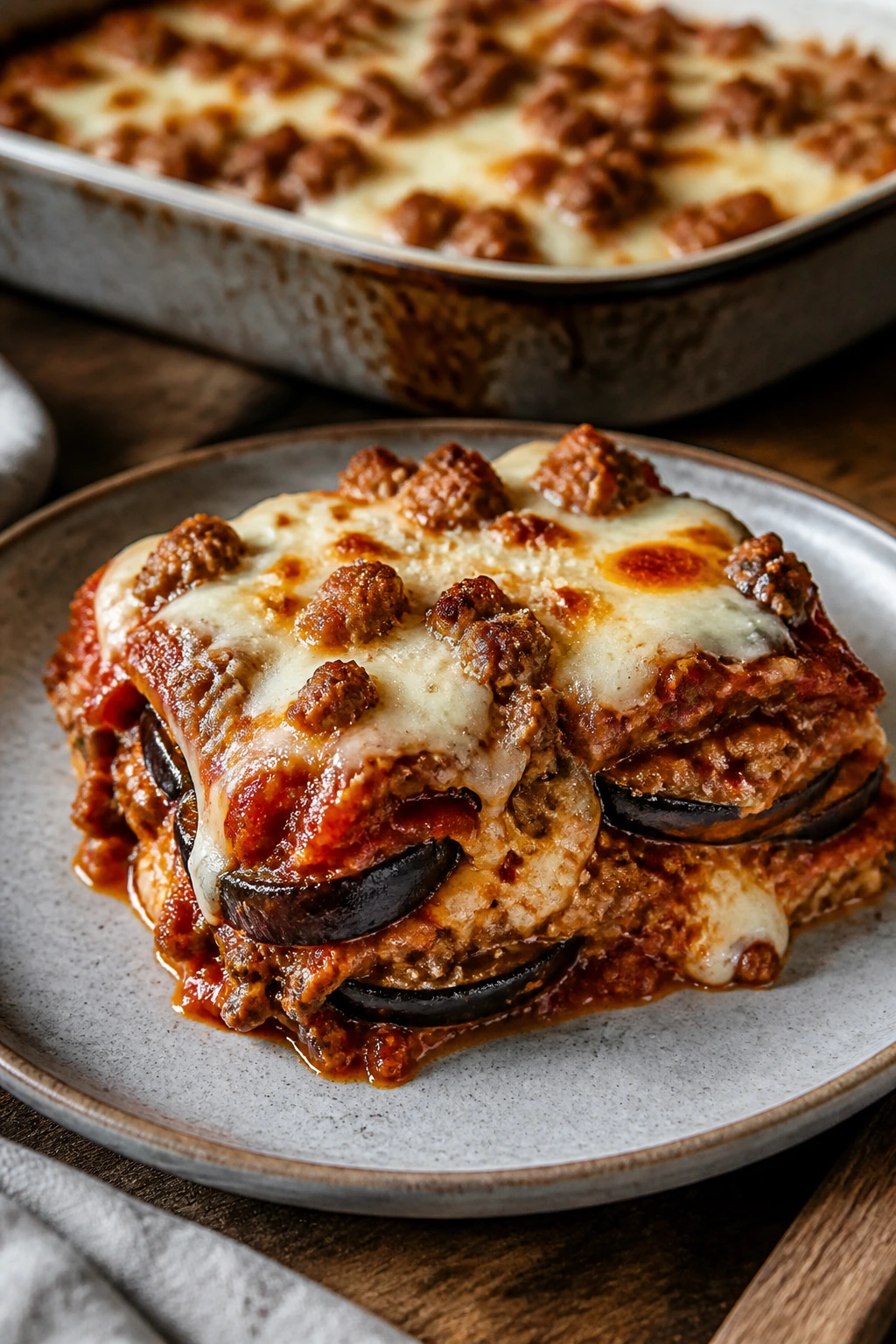 Close-up of eggplant parmesan with sausage and melted cheese