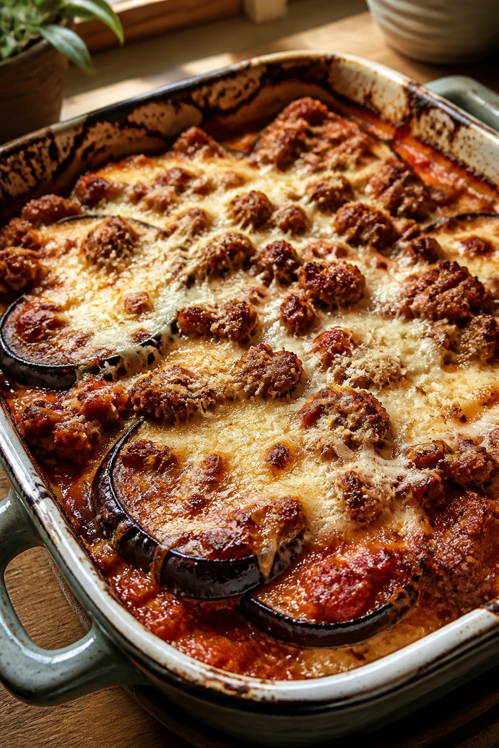 Close-up of a bubbling Eggplant Parmesan Bake with Sausage in a rustic baking dish
