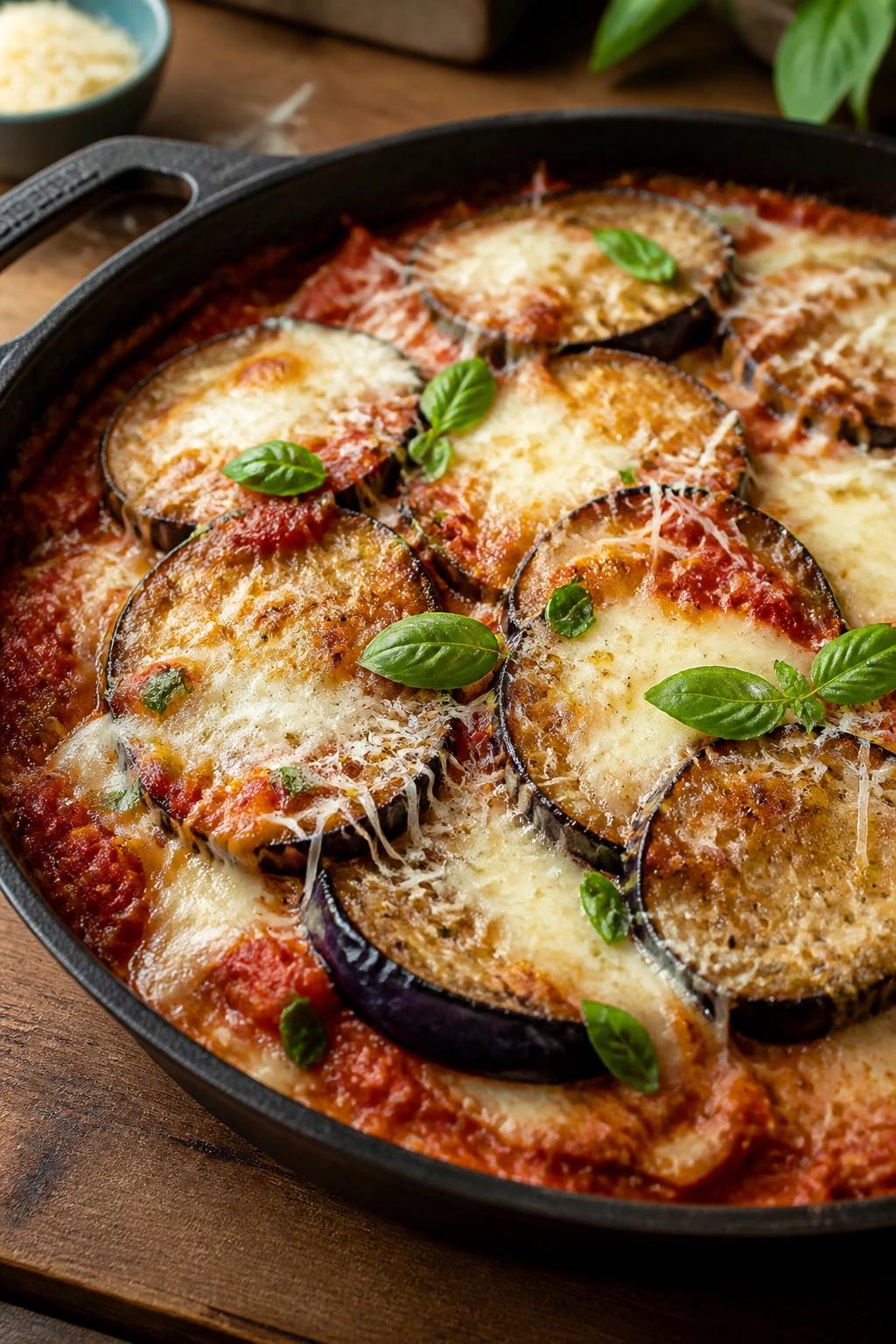 Skillet with browned eggplant, marinara and melted cheese