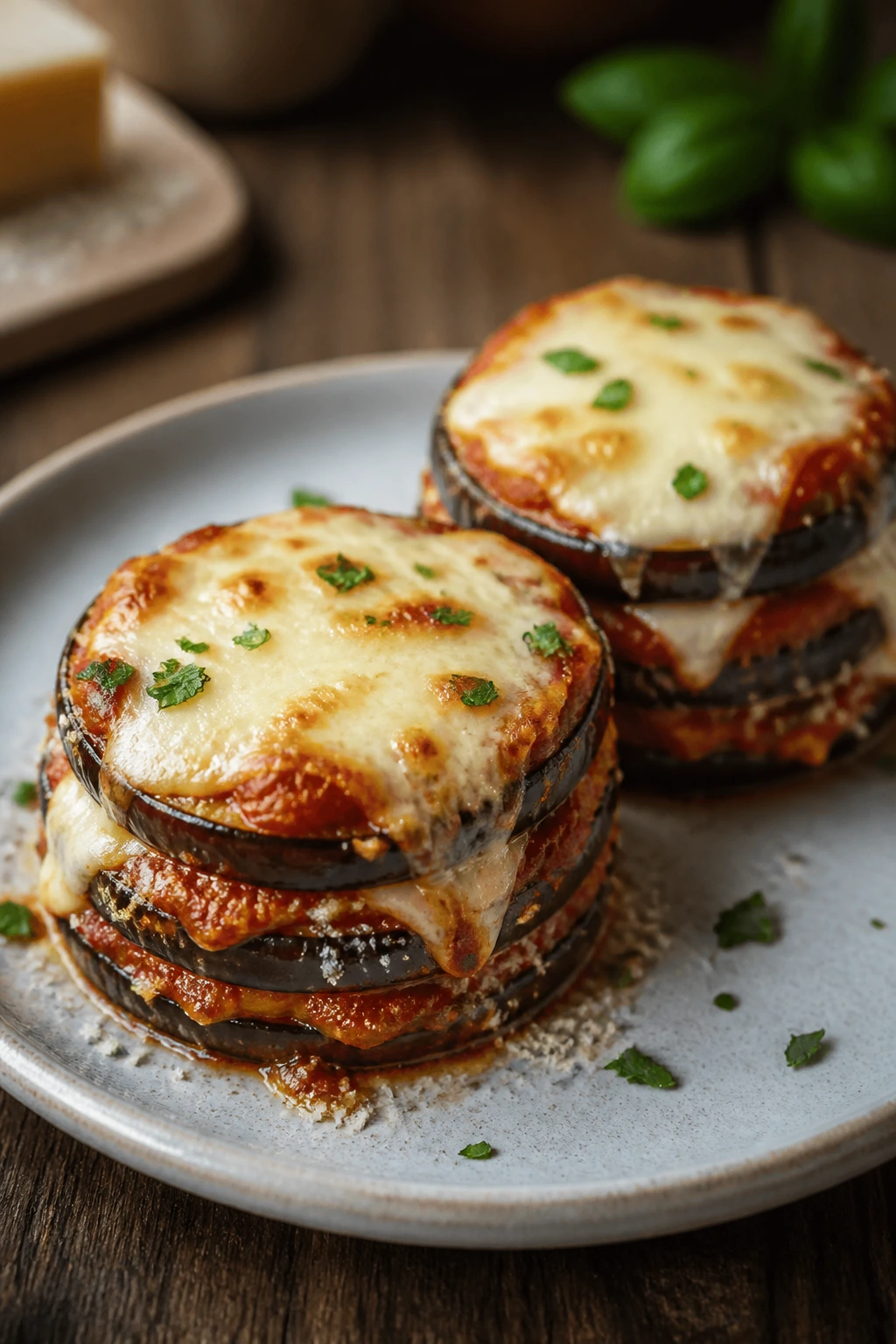 Eggplant slices stacked with marinara and mozzarella on a plate