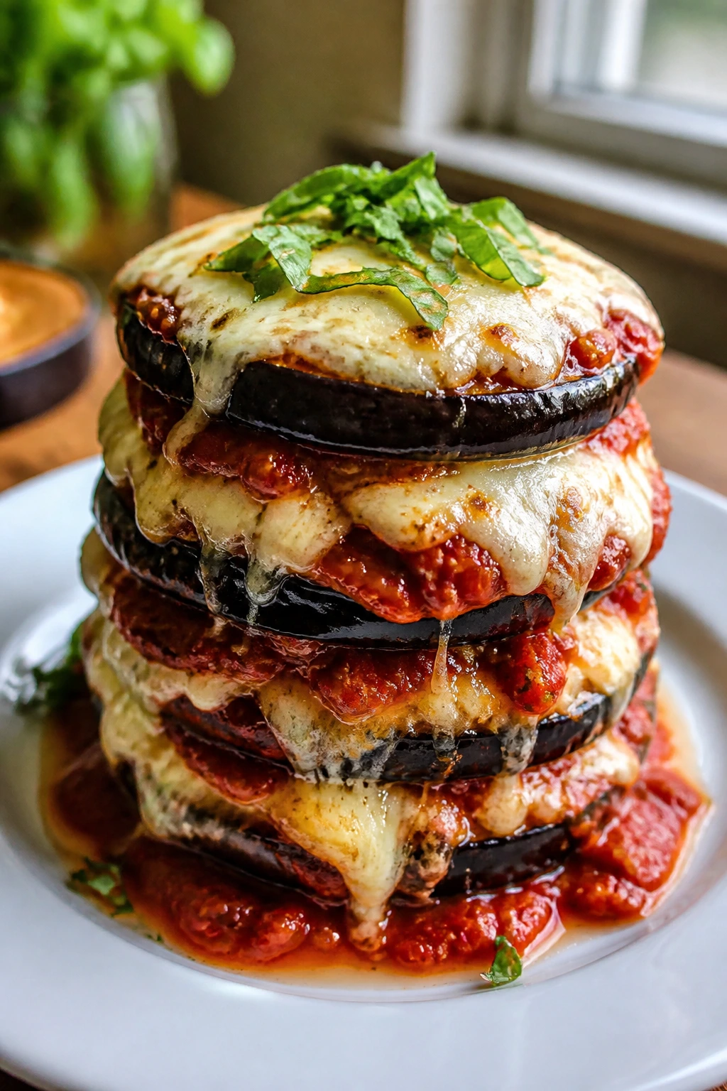 Stacked eggplant parmesan with marinara and vegan cheese