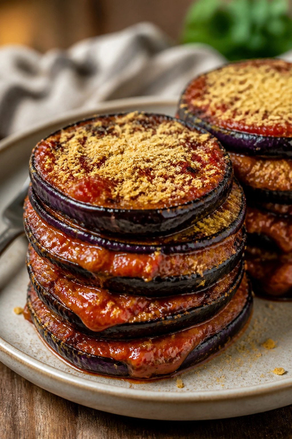 Eggplant parmesan stacks layered with BBQ sauce and nutritional yeast on a plate