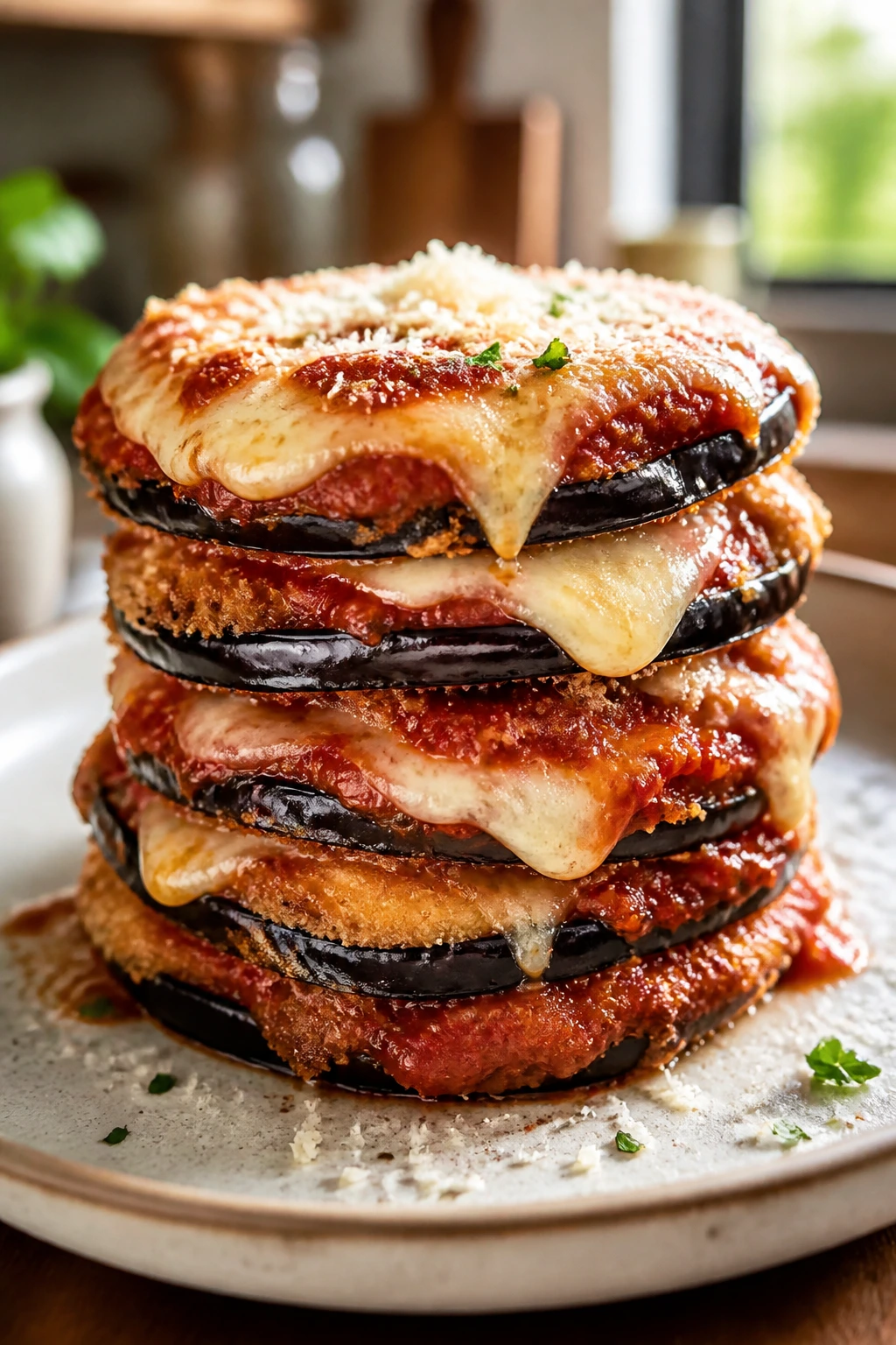 Close-up of stacked eggplant parmesan with cheese on a plate