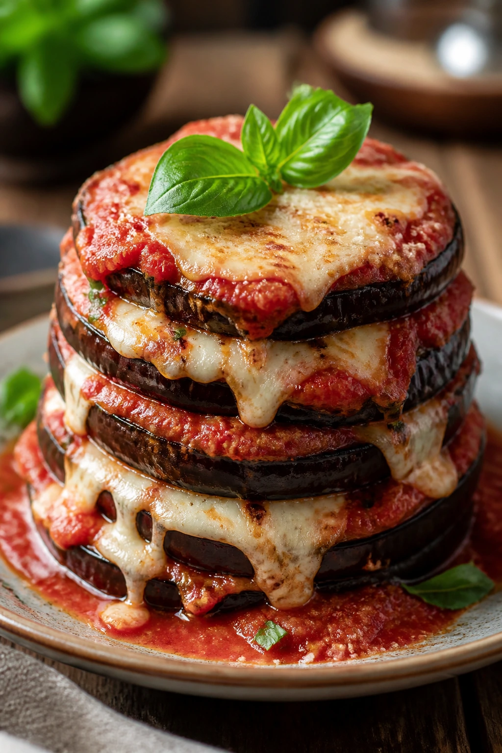 Eggplant parmesan stacks on a plate with mozzarella and marinara