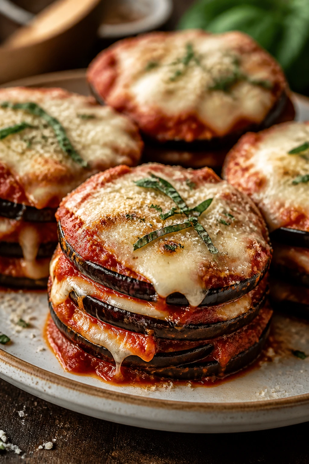 Close-up of eggplant parmesan stacks with marinara and mozzarella.