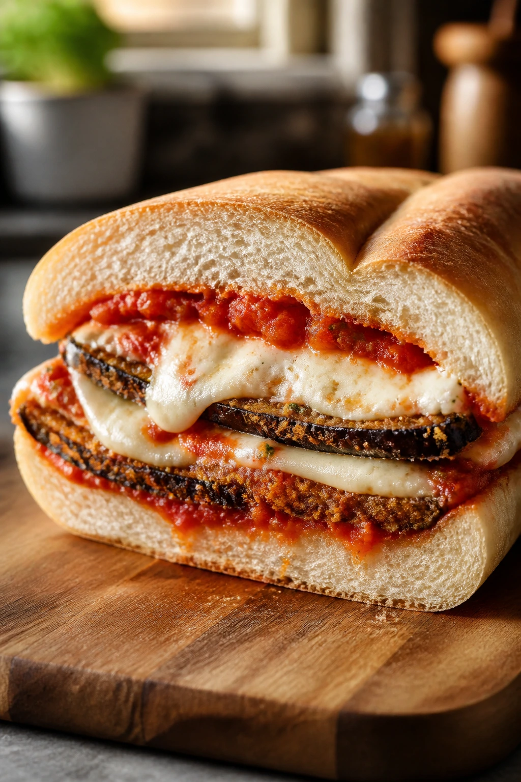 Cross-section of eggplant parmesan sub with melted mozzarella on a wooden board