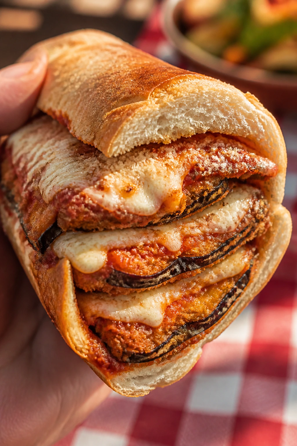 Close-up of Eggplant Parmesan Sub on a sunny picnic table