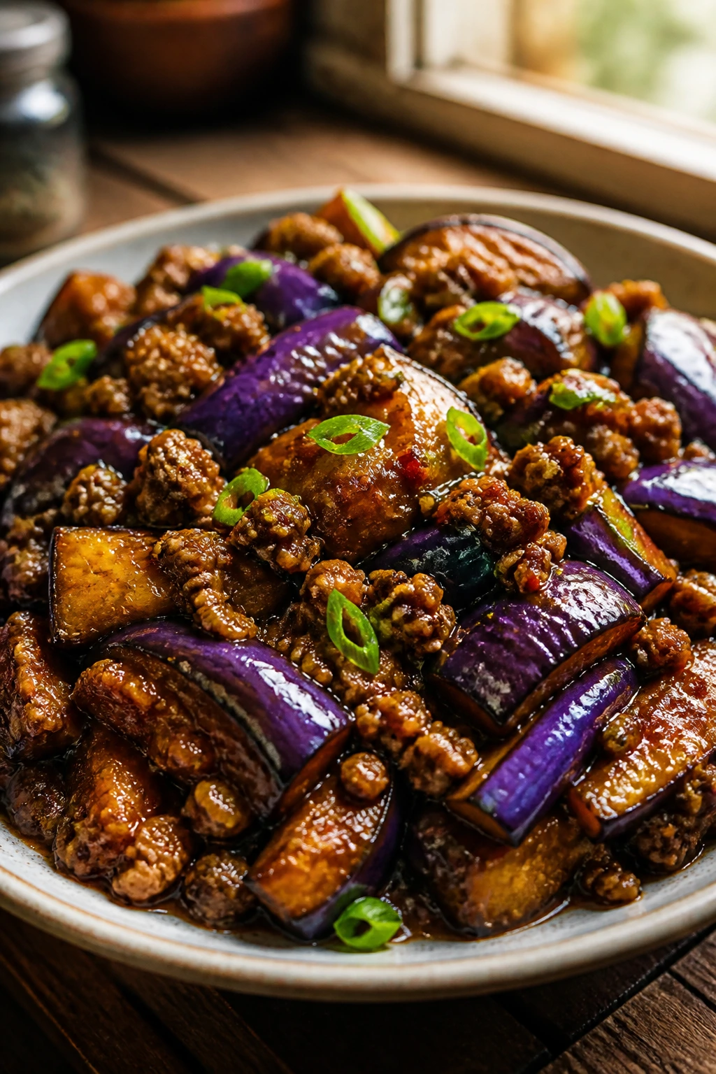 Eggplant with ground pork in spicy sauce on plate