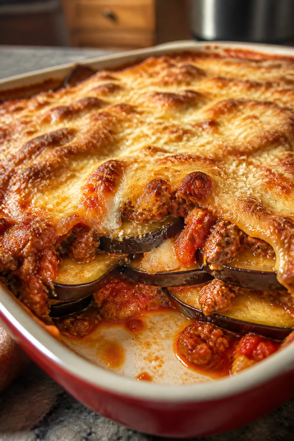 Bubbling slice of eggplant parmesan bake with sausage and melted cheese