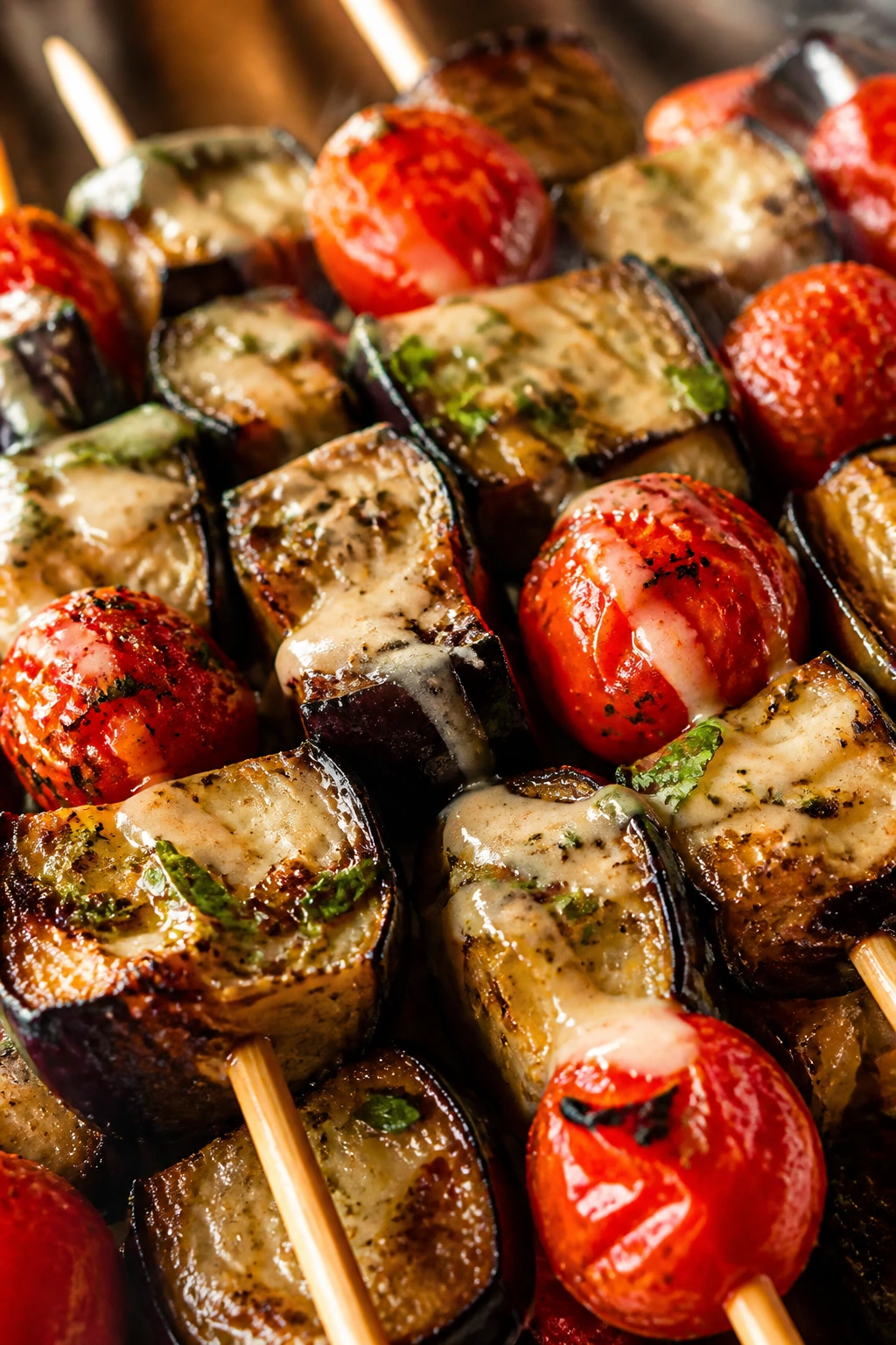 Close-up of baba ghanoush style eggplant and tomato skewers on a grill