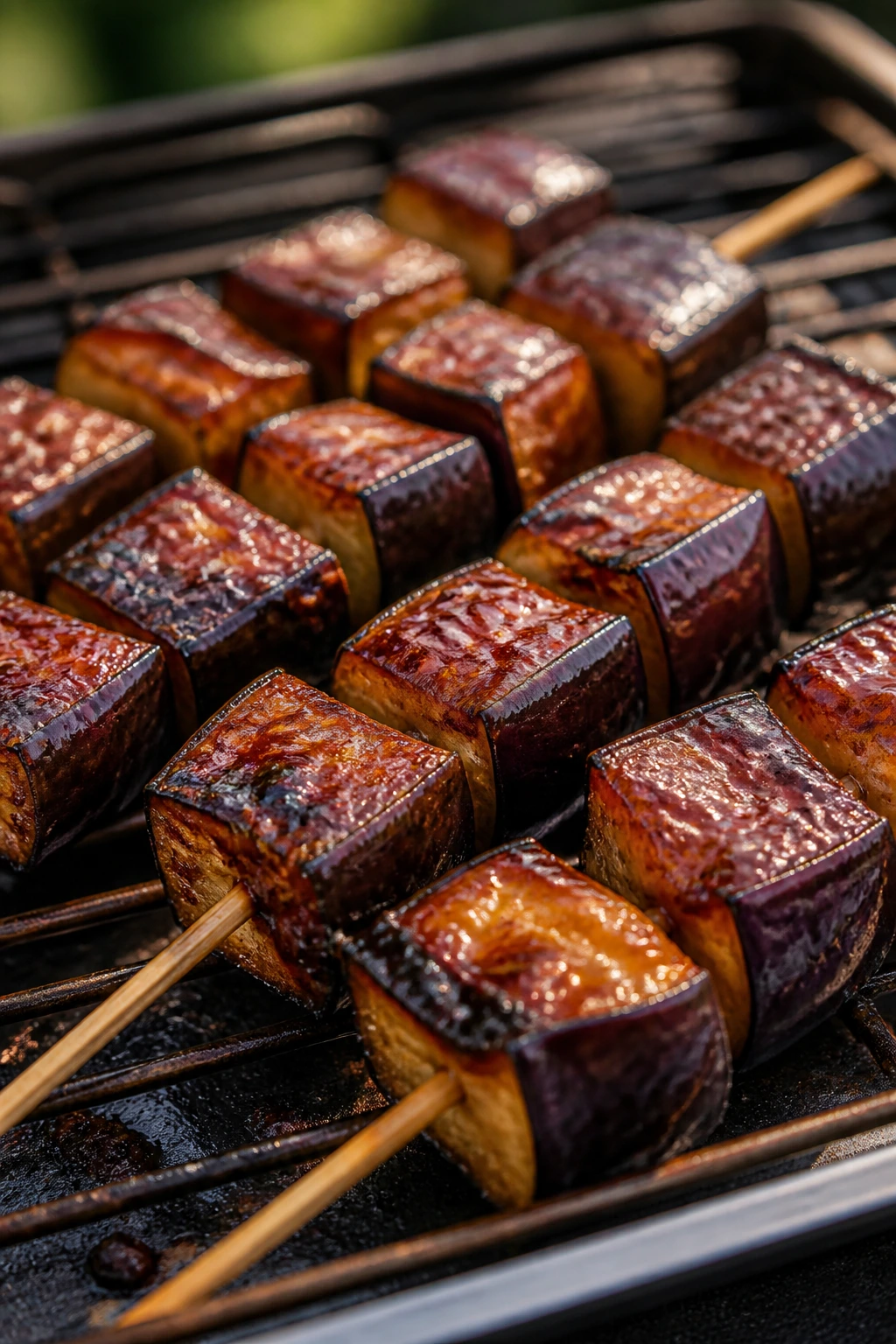 Close-up of miso-glazed eggplant skewers