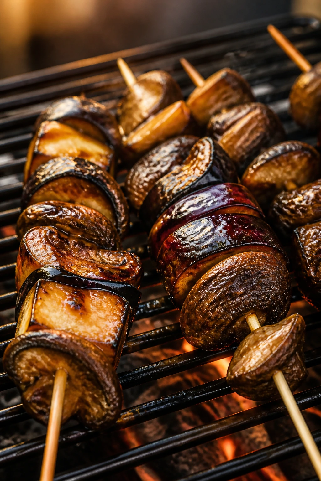 Close-up of miso-glazed eggplant and shiitake skewers on a grill