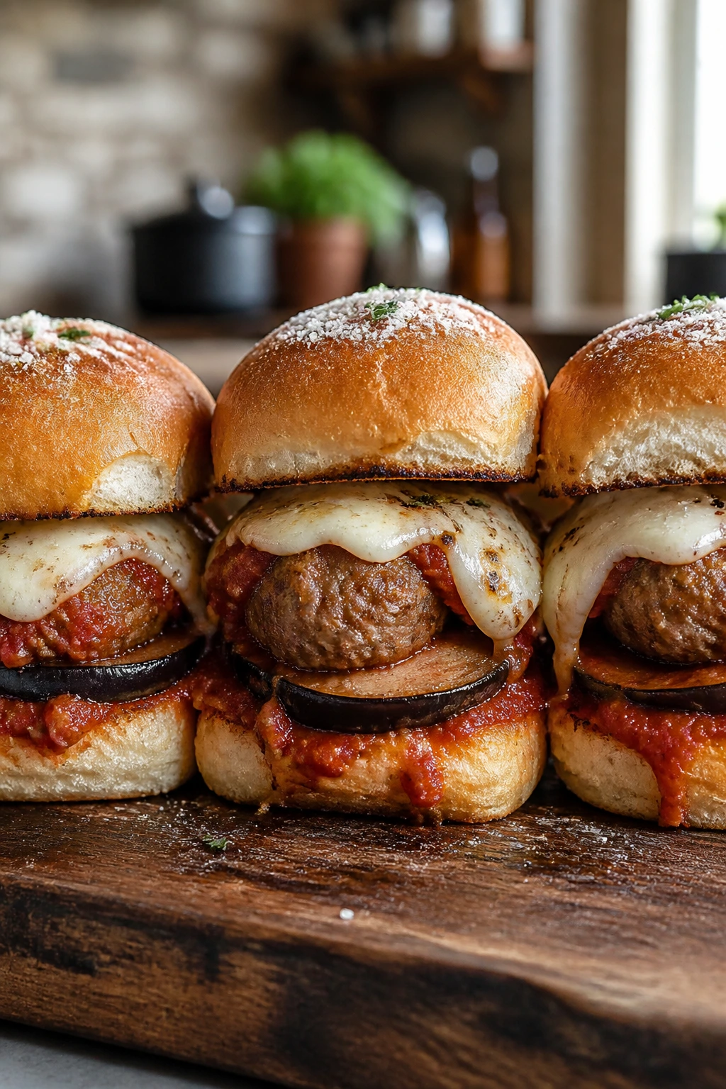 Close-up of eggplant parmesan meatball sliders with mozzarella on a wooden board