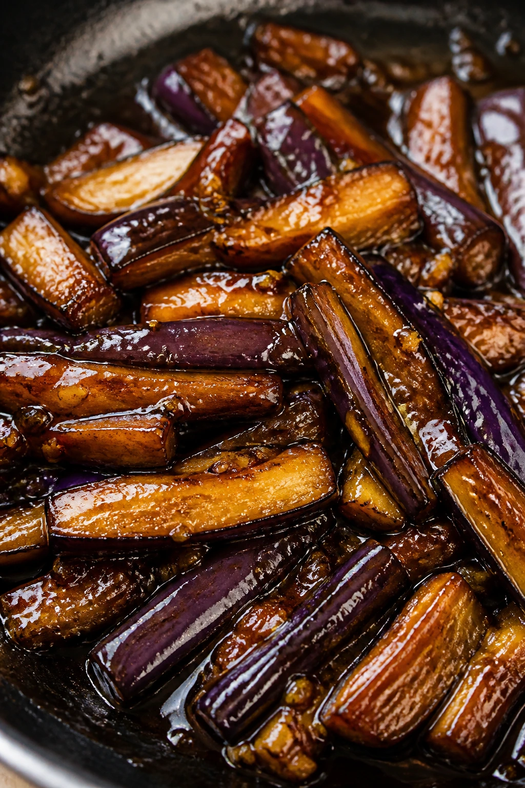 Glossy eggplant batons with sweet soy glaze