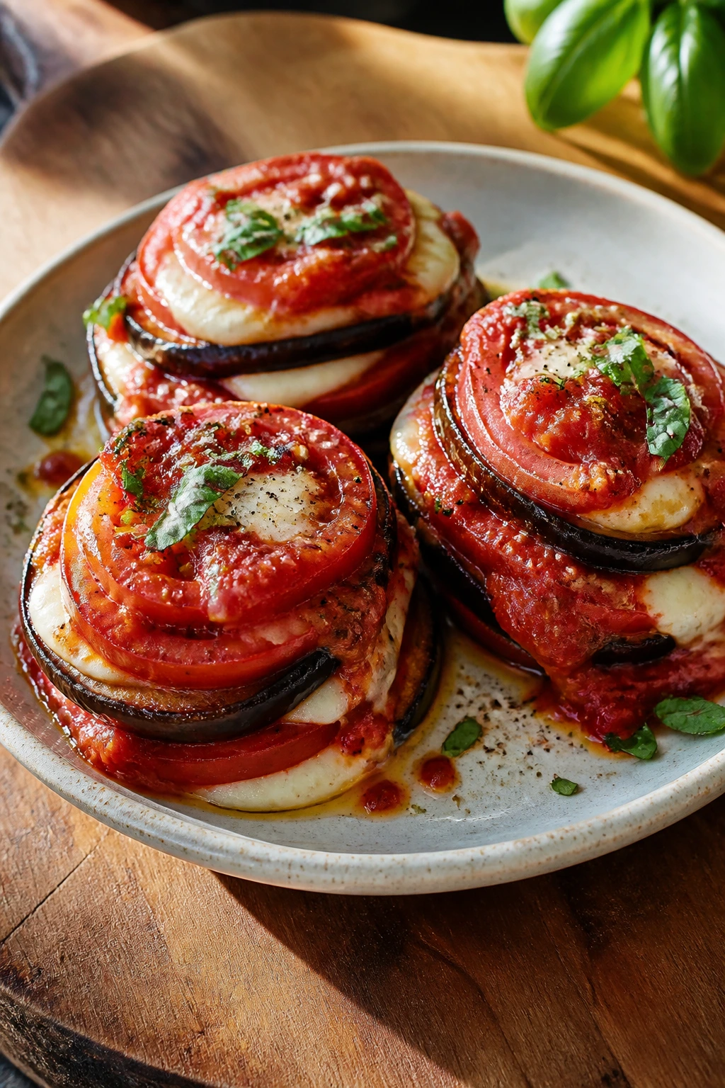 Close-up of eggplant tomato mozzarella stacks on a wooden board