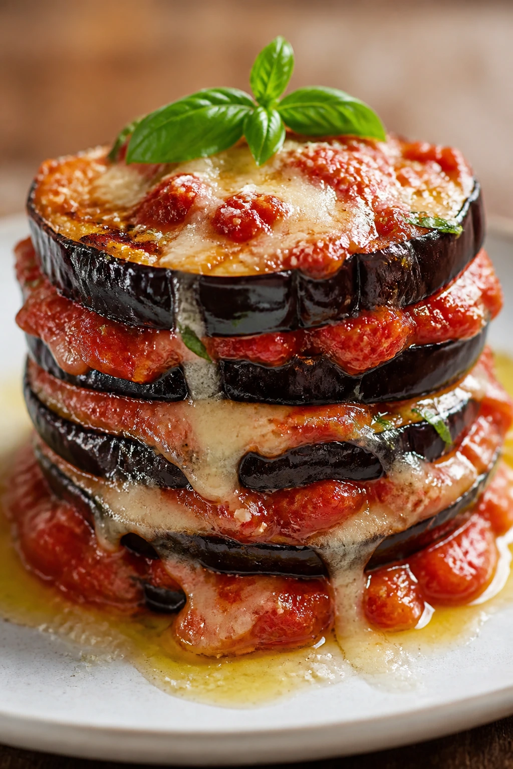 Close-up of eggplant and tomato stacks with Parmigiano and basil on a plate