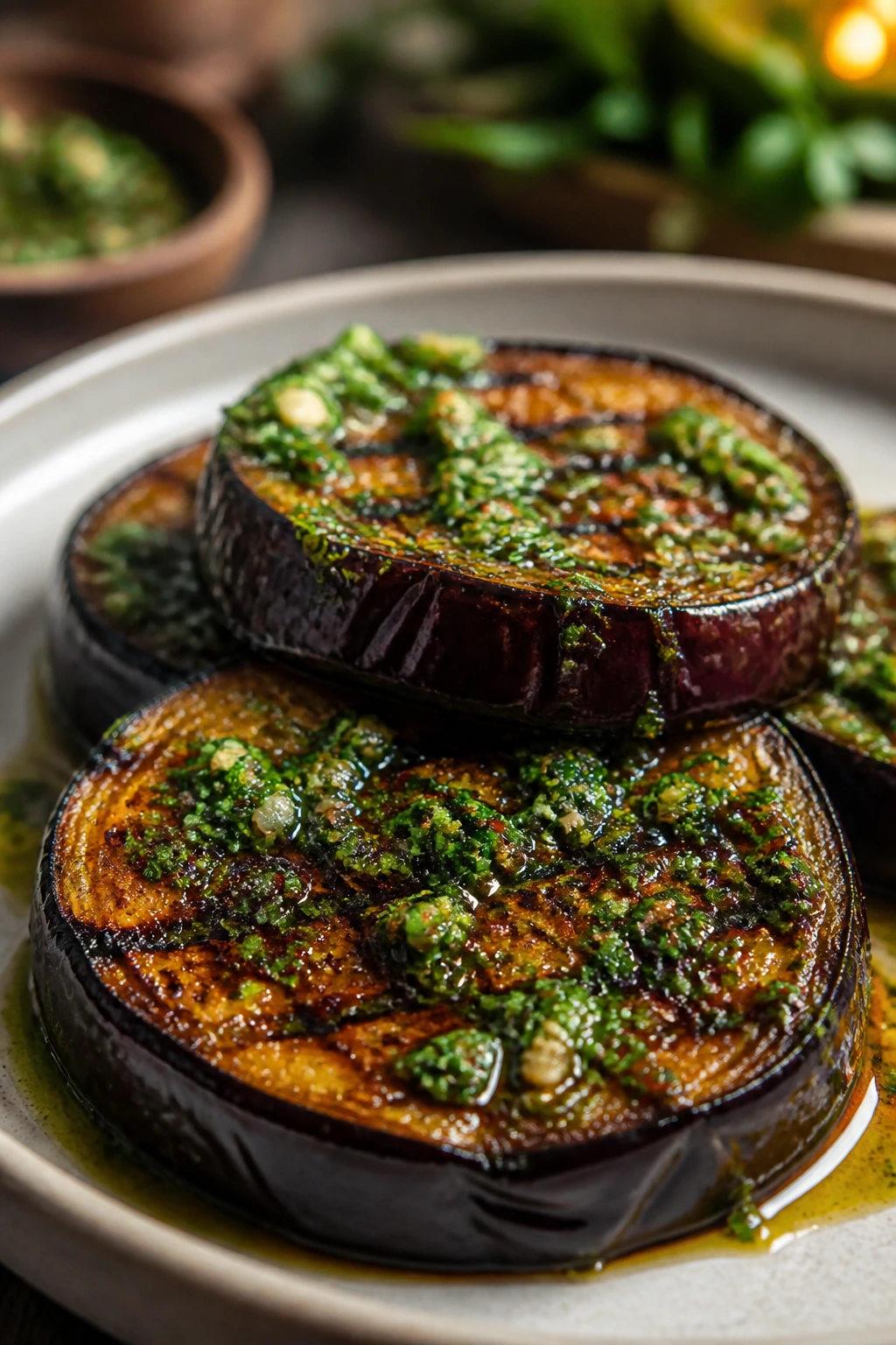 Close-up of eggplant steaks with herb sauce on plate