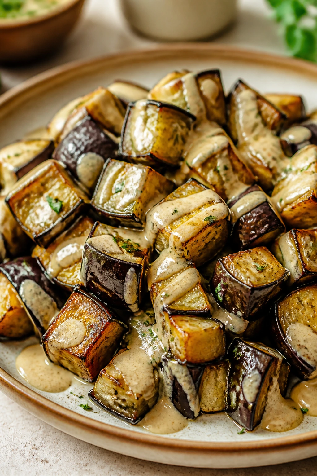 Close-up of eggplant cubes with tahini