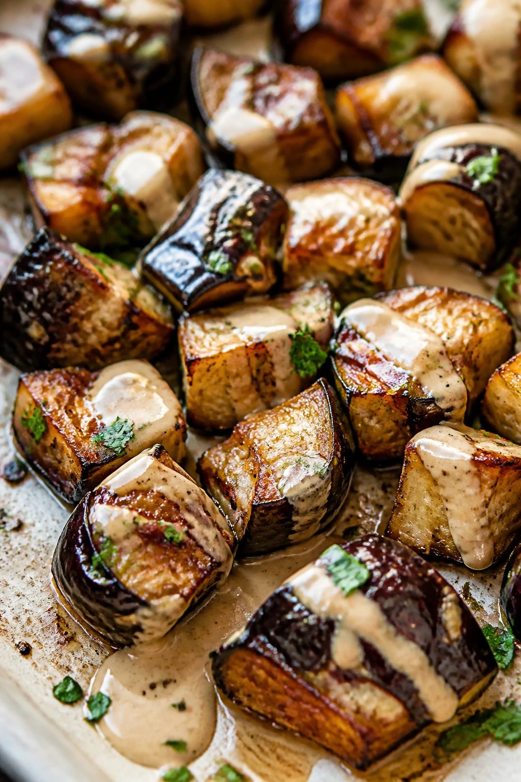 Bronzed eggplant cubes roasted with tahini drizzle on parchment