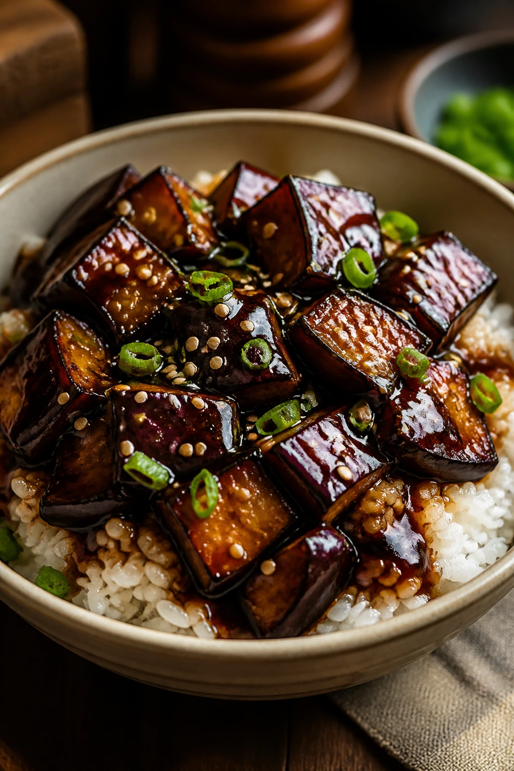 Roasted eggplant teriyaki bowl with rice
