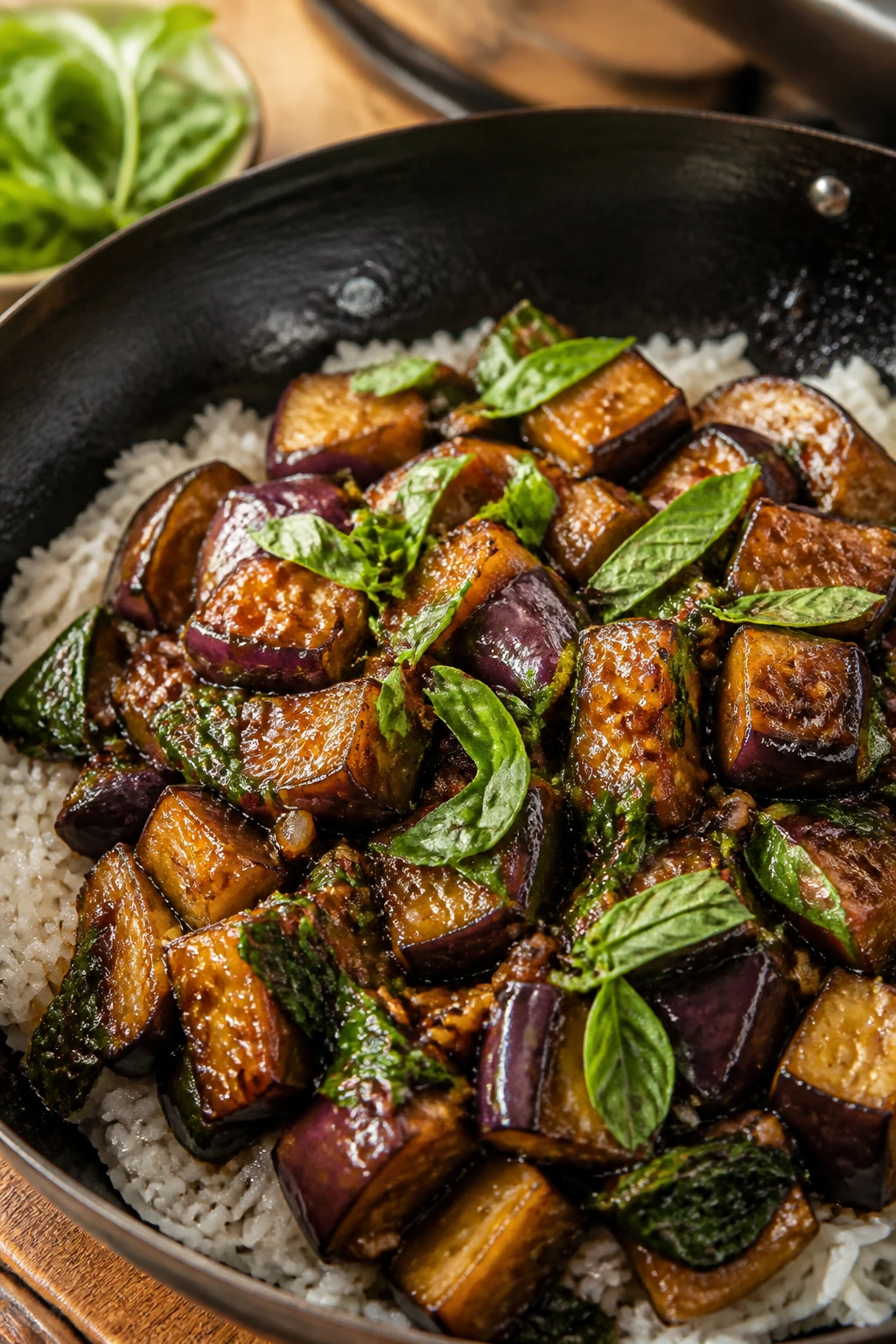 Eggplant in glossy Thai basil sauce over jasmine rice