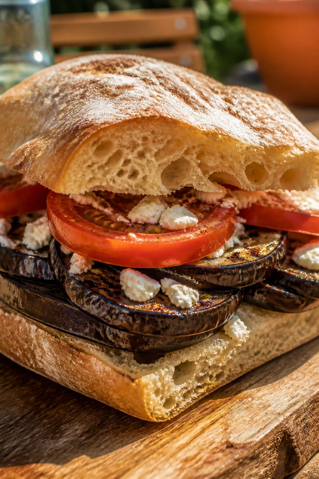 Close-up of eggplant tomato feta sandwich on ciabatta outdoors