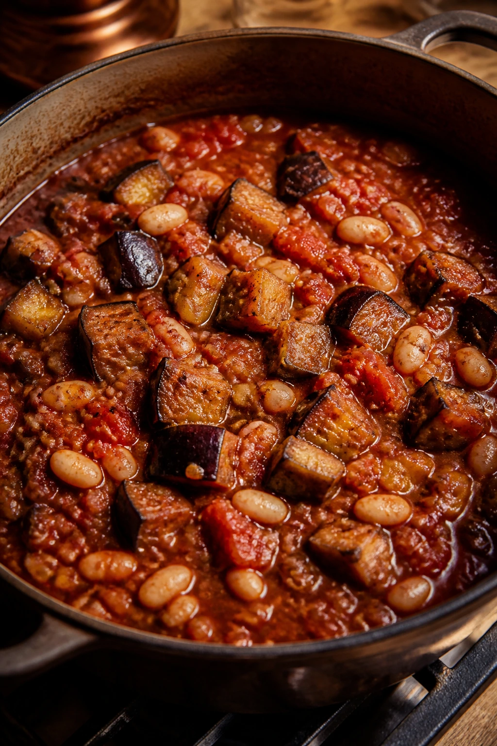 Close-up of eggplant tomato white bean stew in a pot