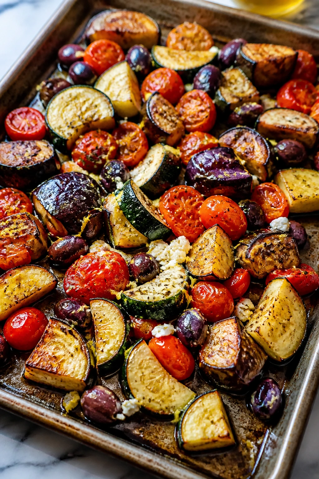 Mediterranean roasted vegetables on a sheet pan: eggplant, zucchini, tomatoes, olives