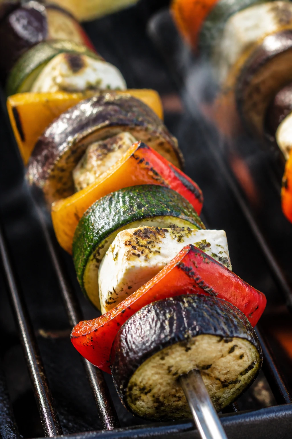 Close-up of eggplant, zucchini, and feta skewer on a grill.