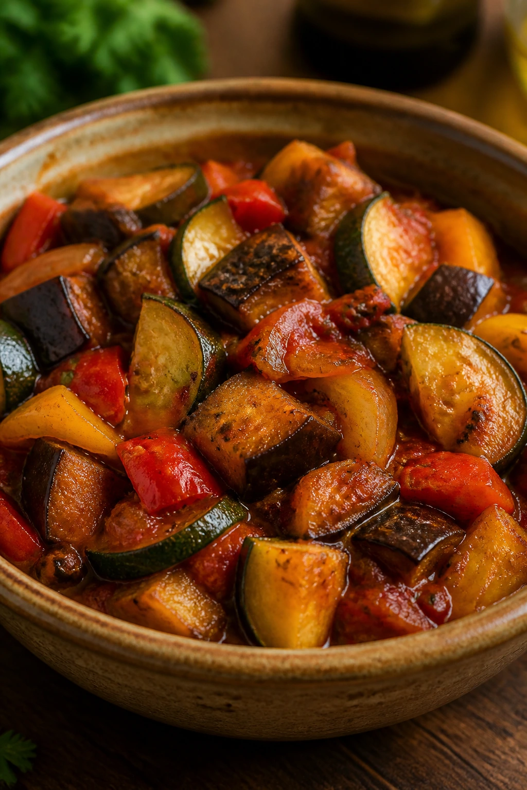 Colorful ratatouille-style eggplant and zucchini stew in a rustic bowl